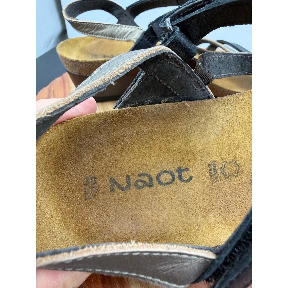 Naot hero Wedge Sandals sz 38 7 Black Bronze Multi Strap Leather Comfort Shoes
